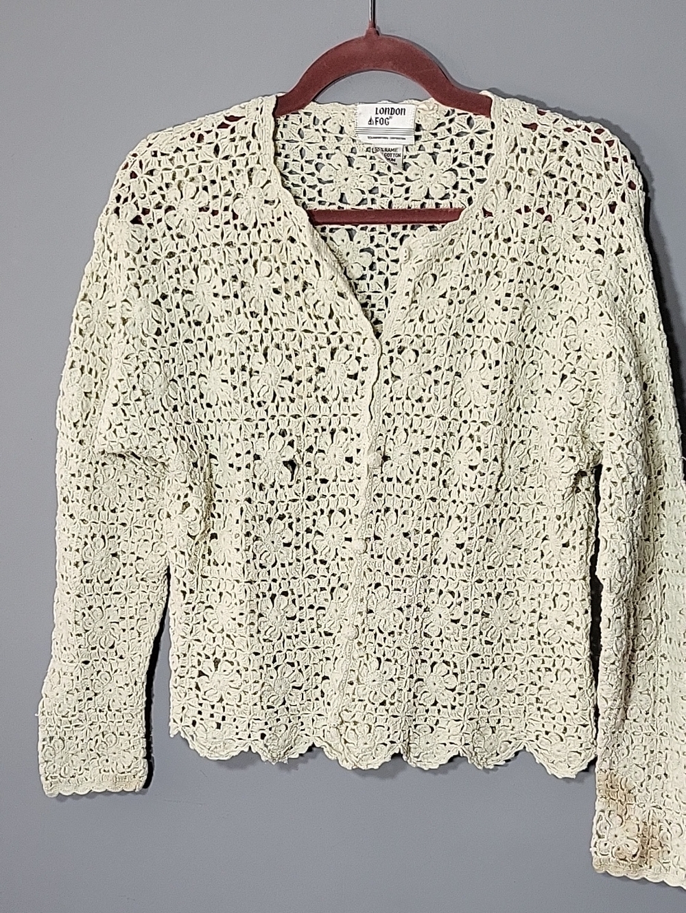 Vintage London Fog Size Small Ivory Crochet Cardigan Button Up Sweater 1980s 90s
